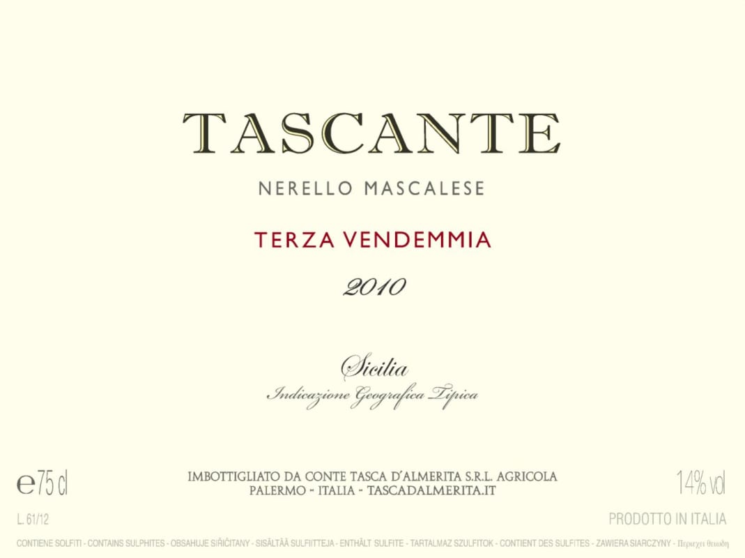 Tascante Nerello Mascalese 2010 Front Label