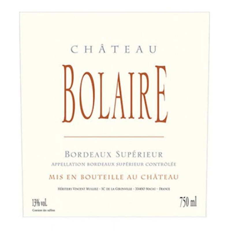 Chateau Bolaire Bordeaux Superieur 2015 Front Label