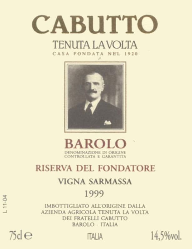 Cabutto Barolo Vigna Sarmasa Riserva del Fondatore 1999 Front Label