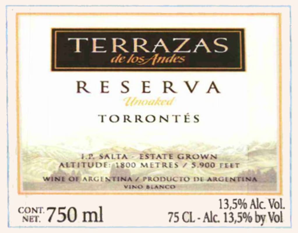 Terrazas de los Andes Reserva Torrontes 2014 Front Label