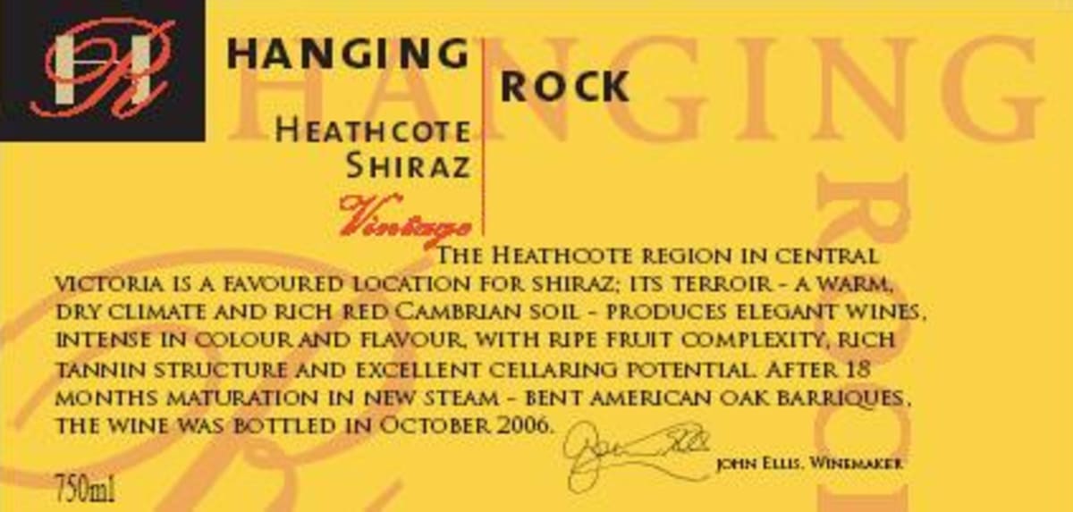 Hanging Rock Winery Shiraz 2006 Front Label