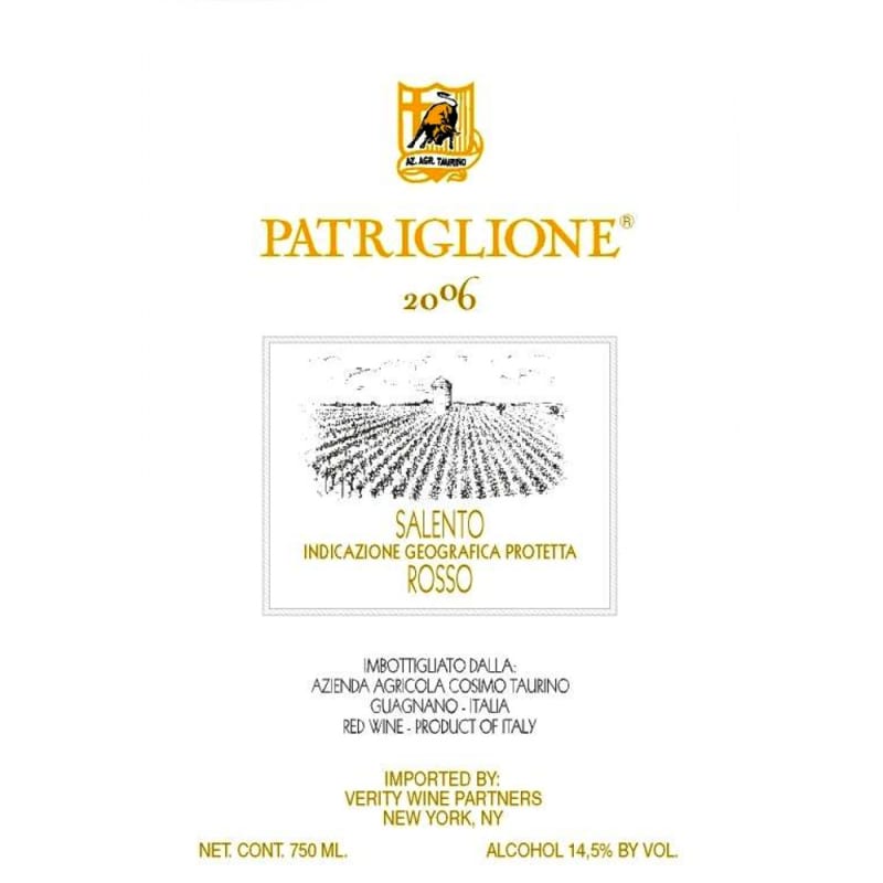 Taurino Patriglione Rosso Salento 2006 Front Label