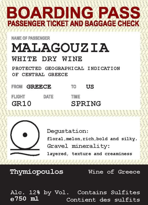 Thymiopoulos Boarding Pass Malagouzia 2013 Front Label