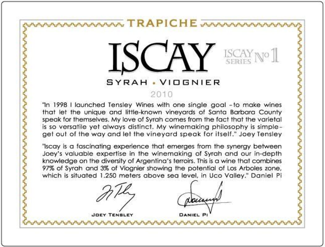 Trapiche Iscay Syrah-Viognier 2010 Front Label