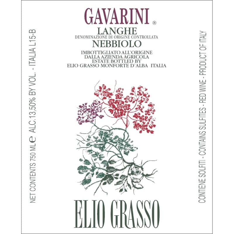 Elio Grasso Langhe Nebbiolo Gavarini 2015 Front Label