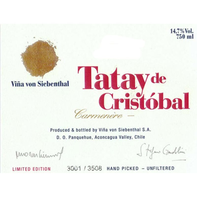 Vina von Siebenthal Tatay de Cristobal Carmenere 2010 Front Label