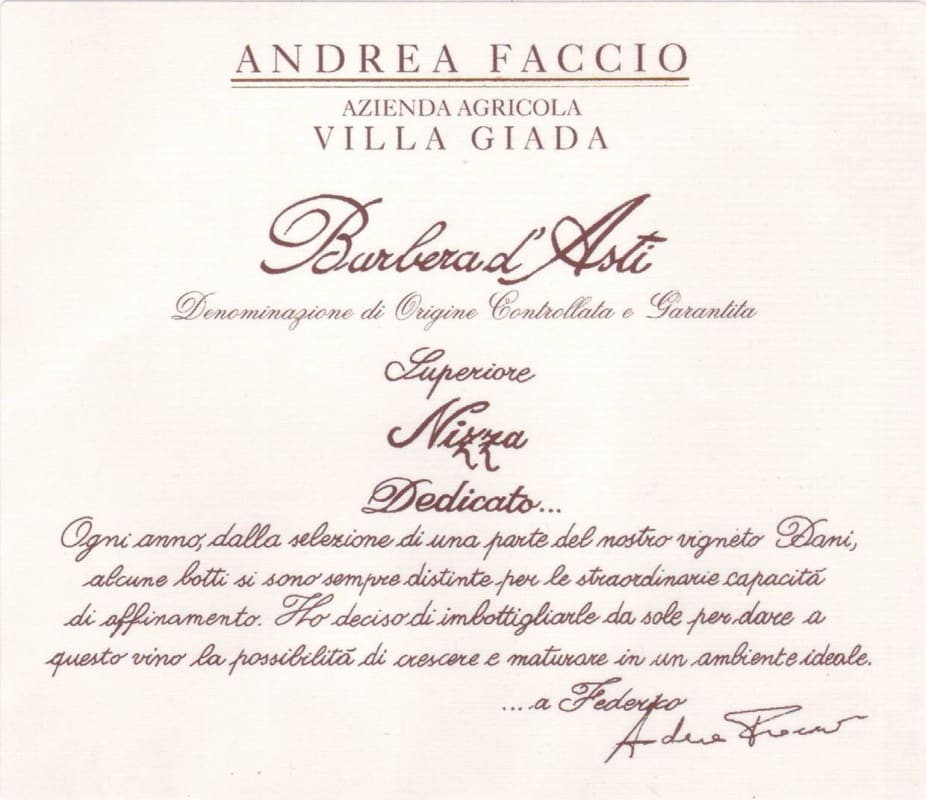 Villa Giada Andrea Faccio Dedicato Barbera d'Asti Superiore 2013 Front Label