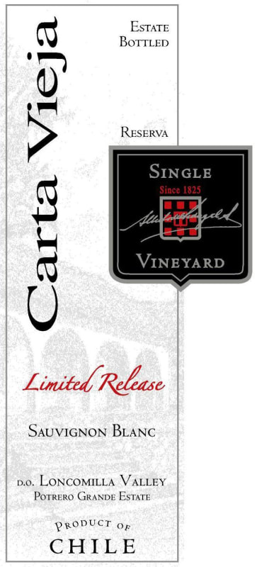 Carta Vieja Limited Release Single Vineyard Sauvignon Blanc 2012 Front Label