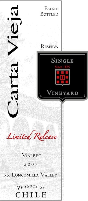 Carta Vieja Limited Release Single Vineyard Malbec 2007 Front Label