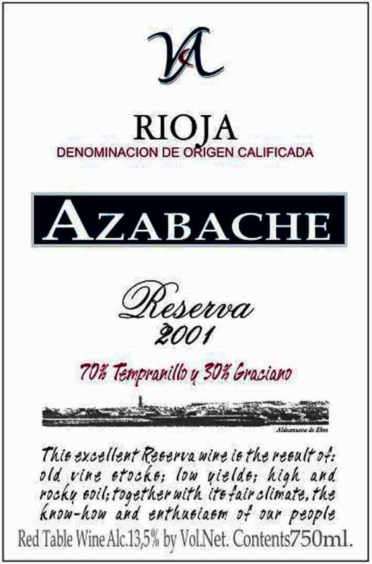 Bodegas Vinedos de Aldeanueva Rioja Reserva Tempranillo Graciano 2001 Front Label