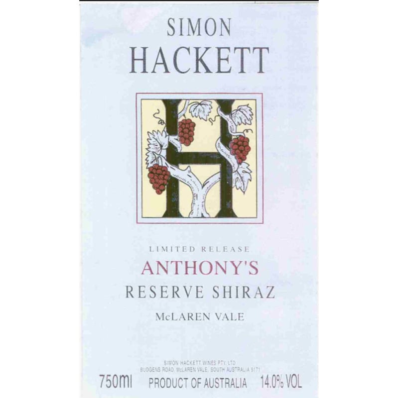 Simon Hackett Anthony's Reserve Shiraz 1997 Front Label