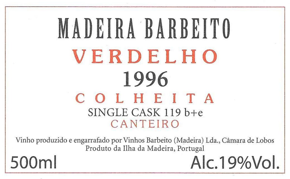 Barbeito Single Cask 119 B+E Colheita Canteiro Verdelho 1996 Front Label