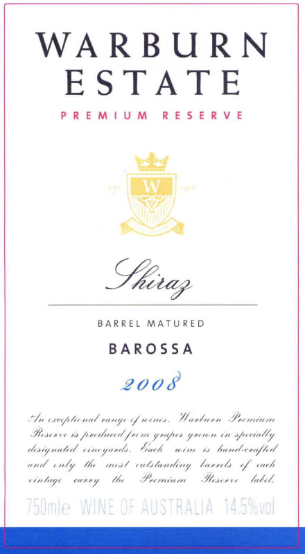 Warburn Premium Reserve Shiraz 2008 Front Label