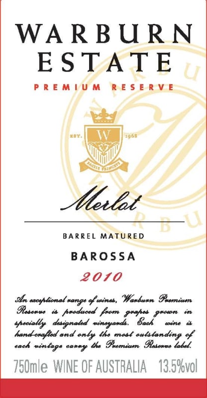 Warburn Premium Reserve Merlot 2010 Front Label