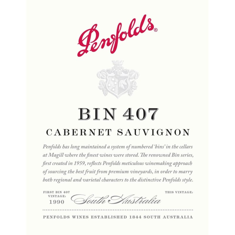 Penfolds Bin 407 Cabernet Sauvignon 2014 Front Label