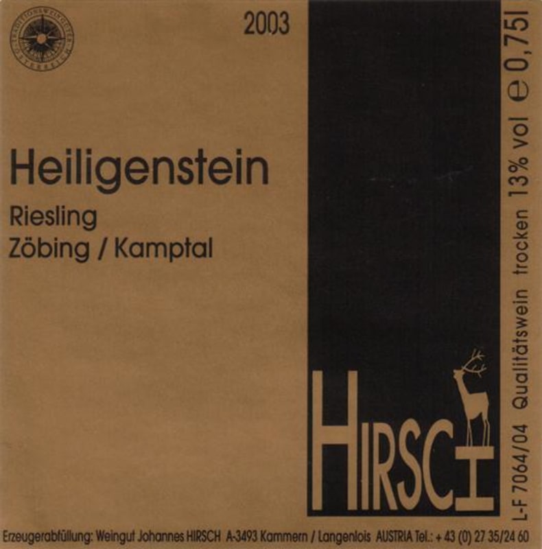 Weingut Hirsch Zobinger Heiligenstein Erste Lage Riesling 2003 Front Label