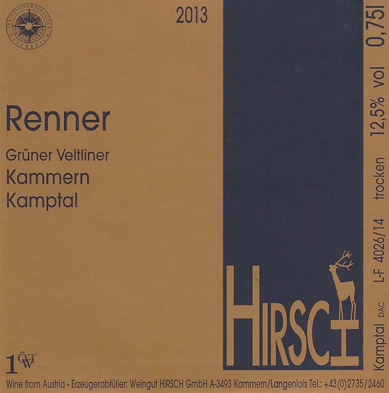 Weingut Hirsch Kammerner Renner Erste OTW Lage Gruner Veltliner 2013 Front Label