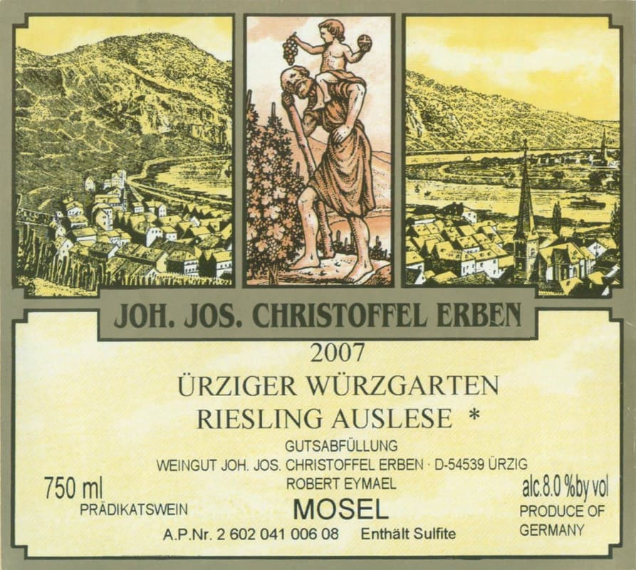 J.J. Christoffel Urziger Wurzgarten Riesling Auslese 2007 Front Label