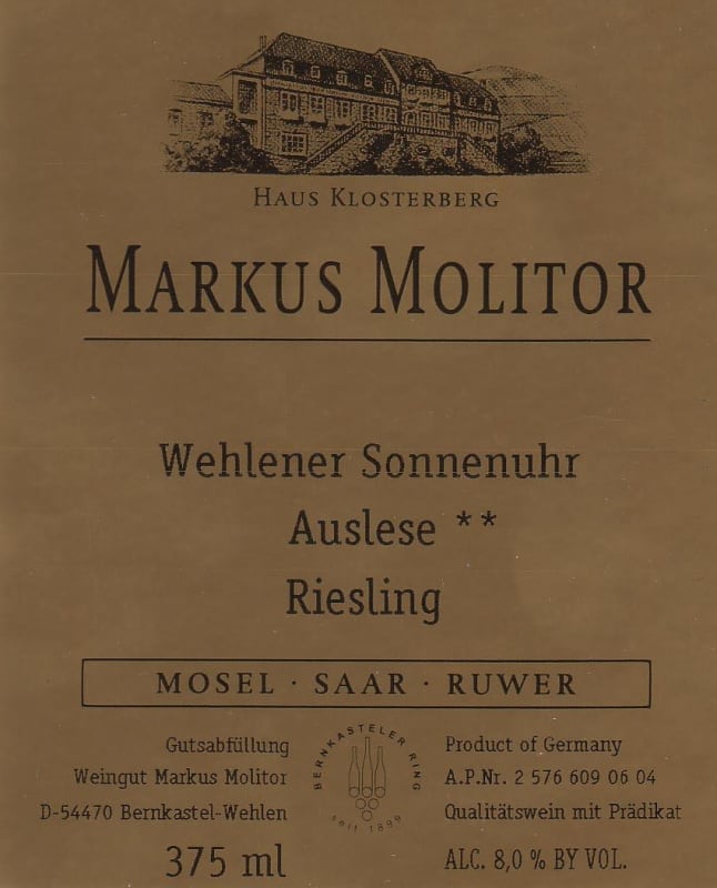 Markus Molitor Wehlener Sonnenuhr Riesling Auslese 2011 Front Label