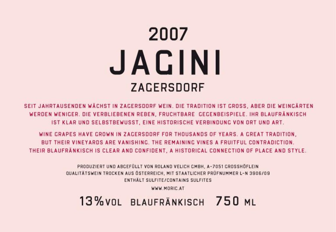 Moric Jagini Blaufrankisch 2007 Front Label