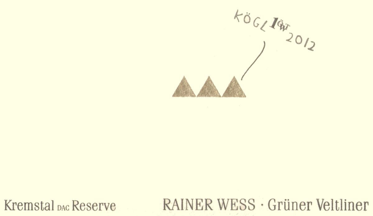 Rainer Wess Kogl Reserve Erste OTW Lage Gruner Veltliner 2012 Front Label