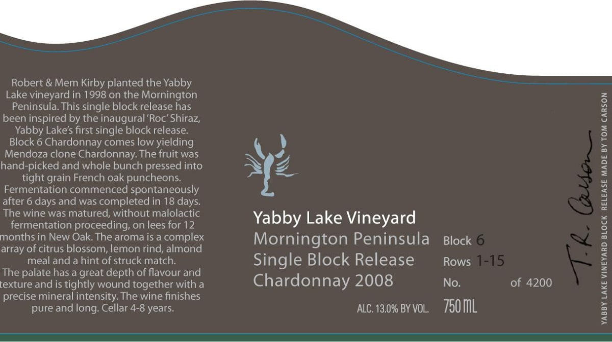 Yabby Lake Single Block Release Block 6 Chardonnay 2008 Front Label