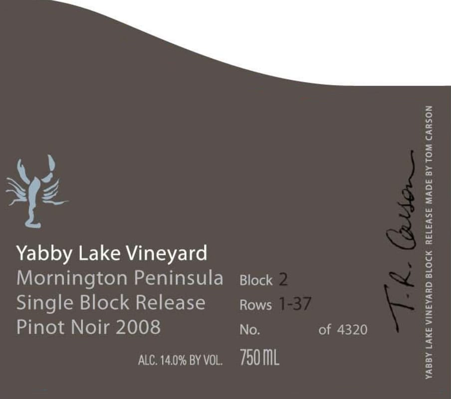 Yabby Lake Single Block Release Block 2 Pinot Noir 2008 Front Label