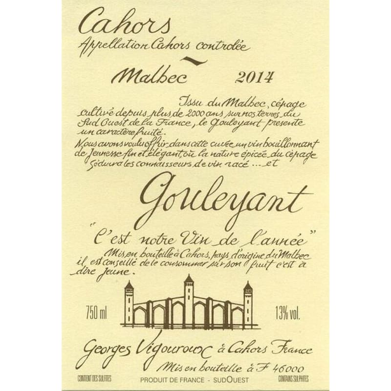 Georges Vigouroux Gouleyant Malbec 2014 Front Label