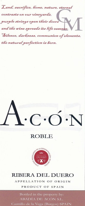 Abadia de Acon Roble 2008 Front Label