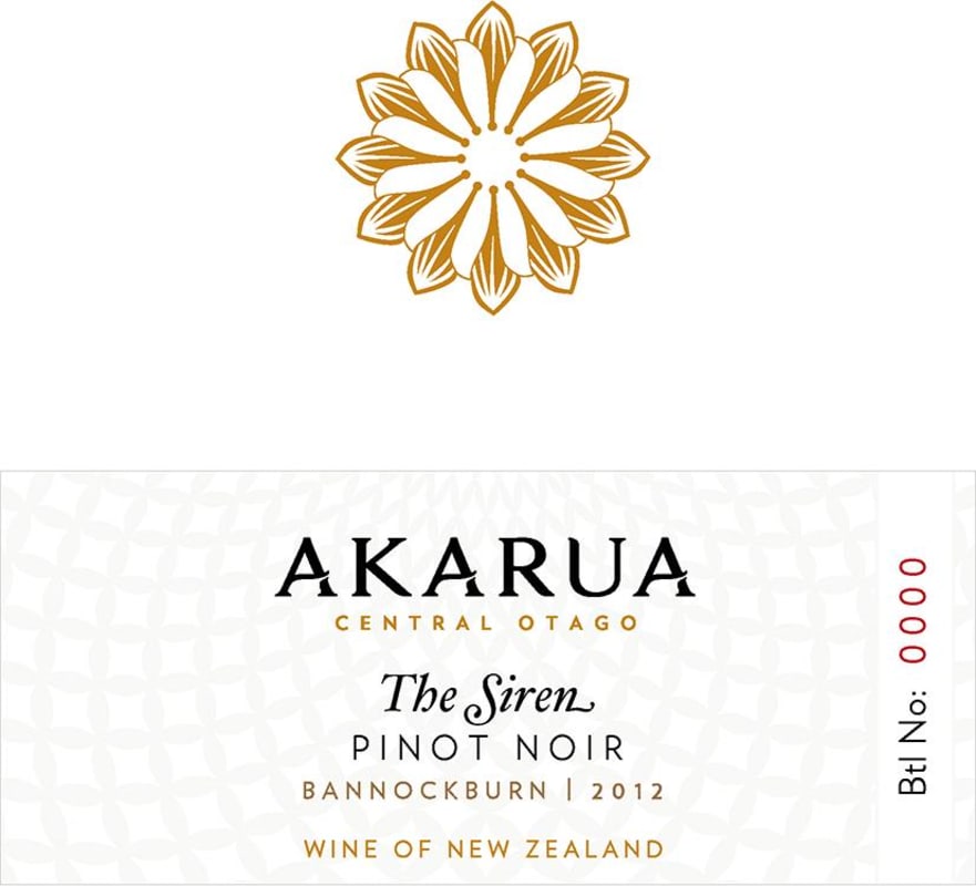 Akarua Winery The Siren Pinot Noir 2012 Front Label