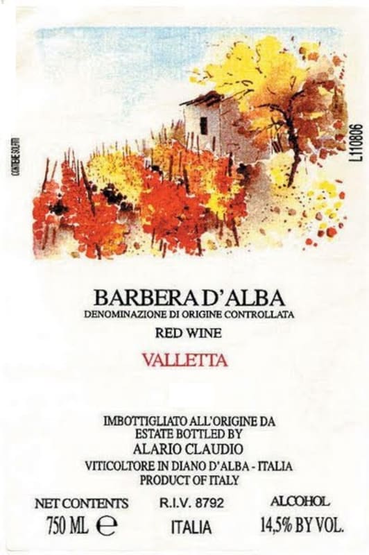 Alario Claudio Barbera d'Alba Valletta 2003 Front Label