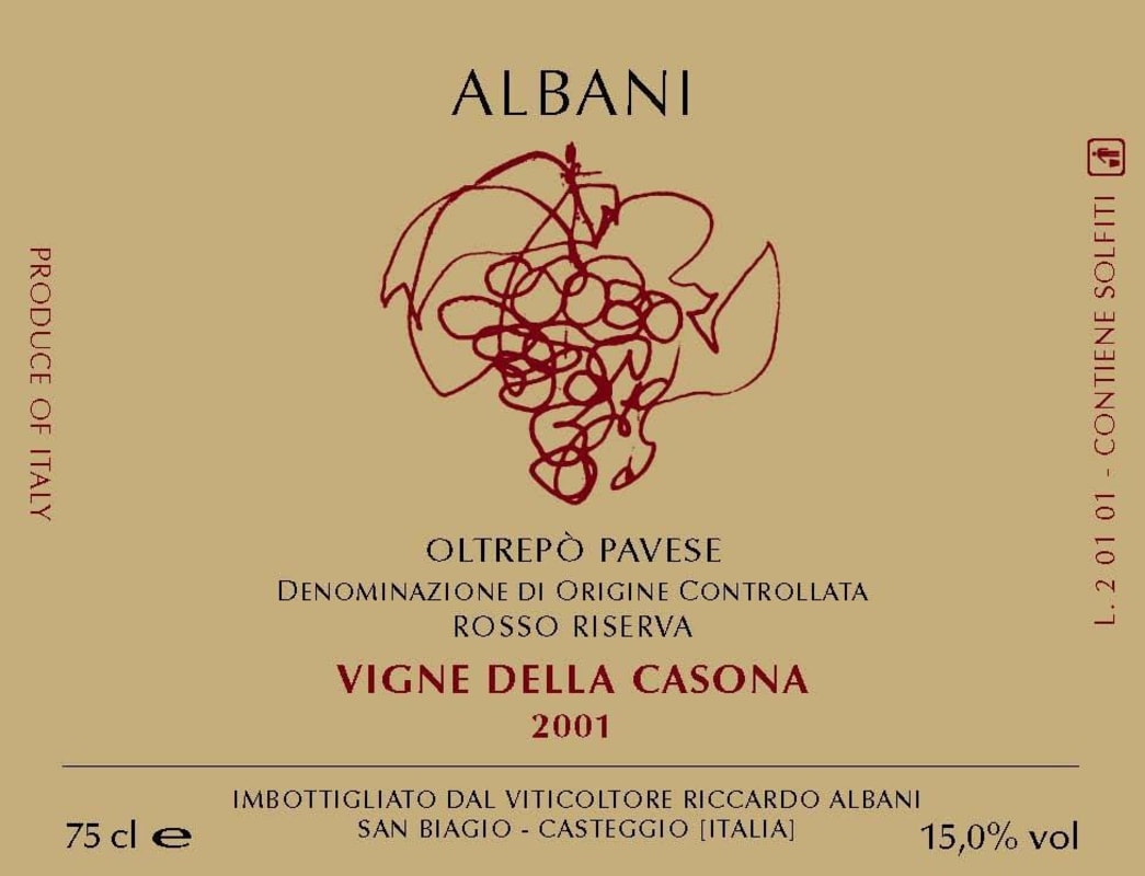 Albani Viticoltori Oltrepo Pavese Vigne della Casona Riserva Rosso 2001 Front Label