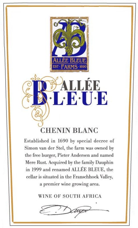 Allee Bleue Chenin Blanc 2013 Front Label