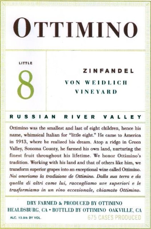 Ottimino Little 8 Von Weidlich Vineyard Zinfandel 2009 Front Label