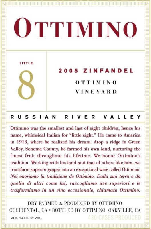 Ottimino Little 8 Ottimino Vineyard Zinfandel 2005 Front Label