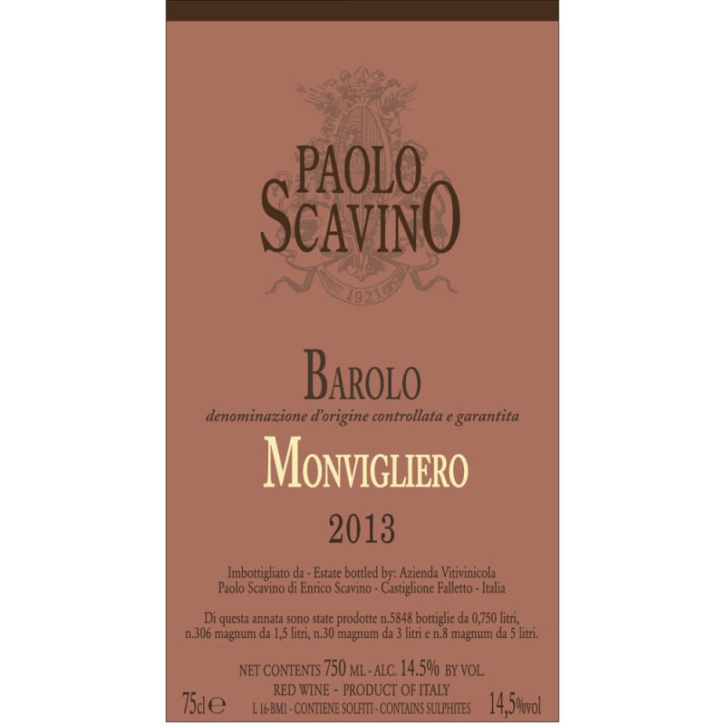 Paolo Scavino Barolo Monvigliero 2013 Front Label
