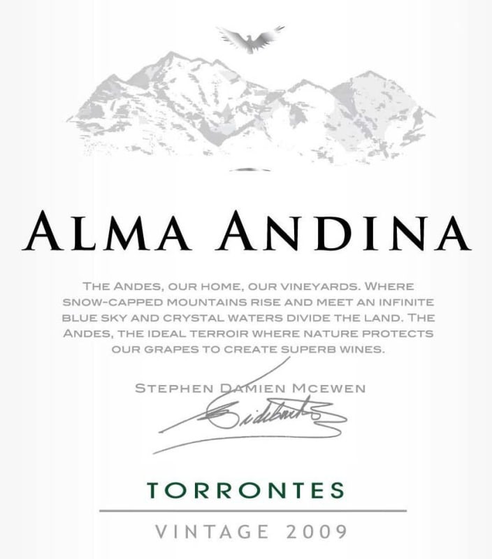 Andean Vineyards Salta Alma Andina Torrontes 2009 Front Label