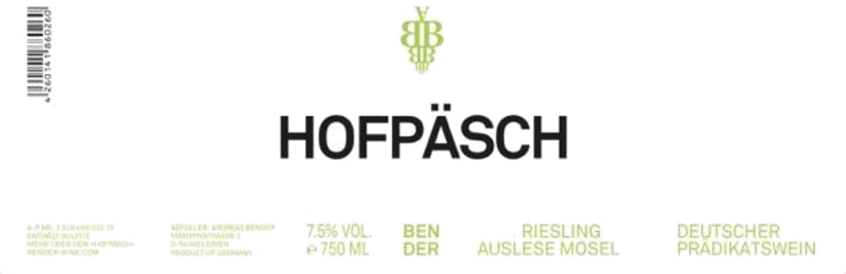 Andreas Bender Hofpasch Auslese Riesling 2015 Front Label