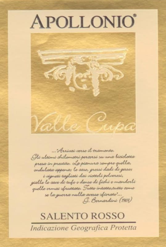 Appollonio Casa Vinicola Salento Valle Cupa Rosso 2008 Front Label
