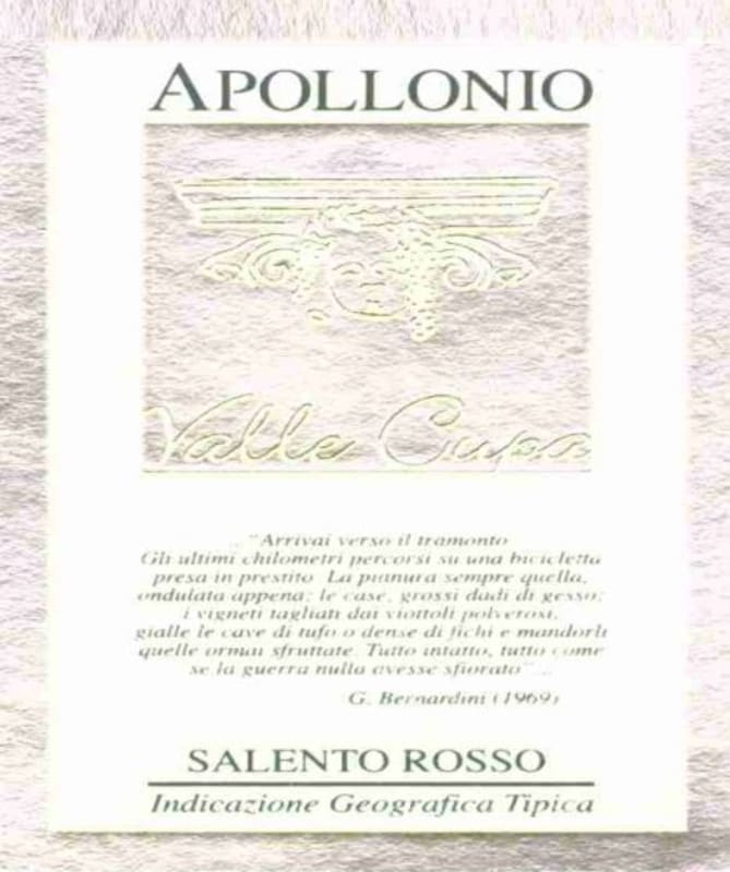 Appollonio Casa Vinicola Salento Valle Cupa Rosso 2003 Front Label