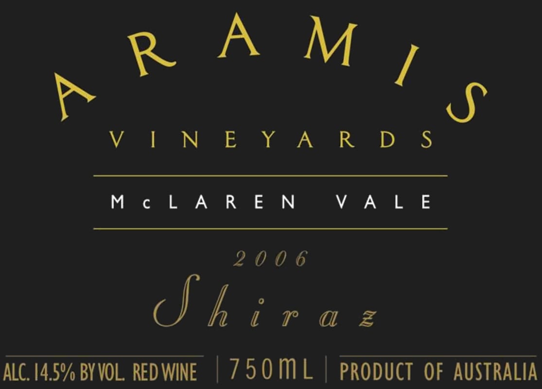 Aramis Vineyards Black Label Shiraz 2006 Front Label