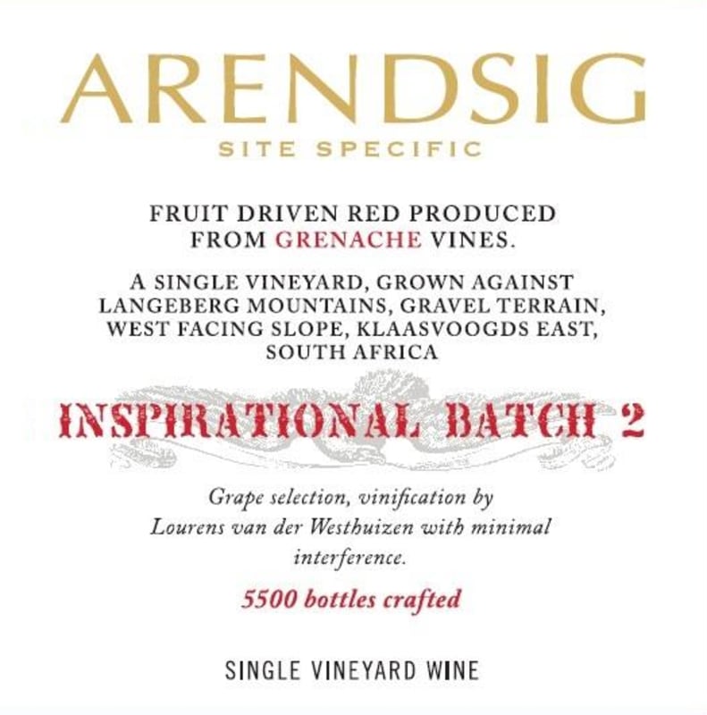 Arendsig Inspirational Batch 2 Grenache 2015 Front Label