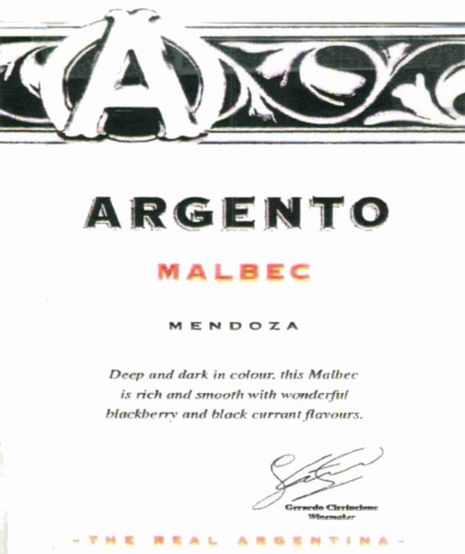Argento Malbec 2010 Front Label