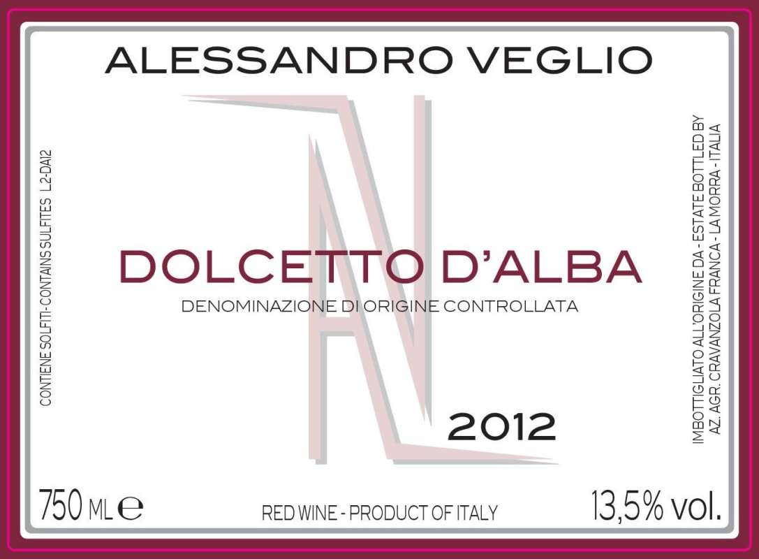 Az. Agr. Alessandro Veglio Dolcetto d'Alba 2012 Front Label