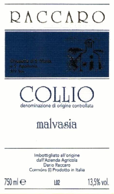 Az. Agricola Dario Raccaro Collio Malvasia 2005 Front Label