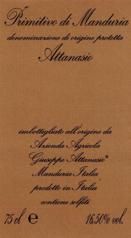 Attanasio Primitivo di Manduria 2011 Front Label