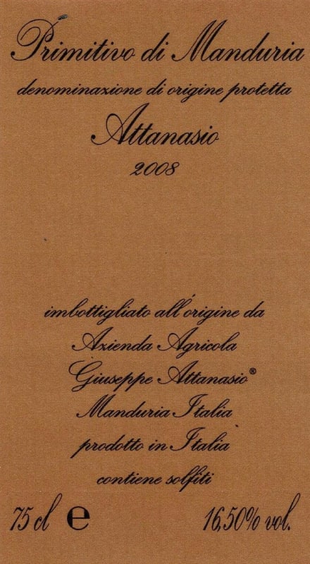 Attanasio Primitivo di Manduria 2008 Front Label