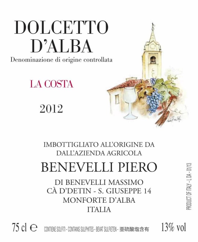 Piero Benevelli Dolcetto d'Alba Vigna Costa 2012 Front Label