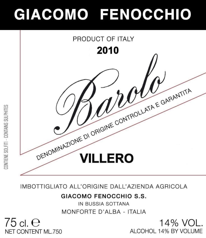 Giacomo Fenocchio Barolo Villero 2010 Front Label