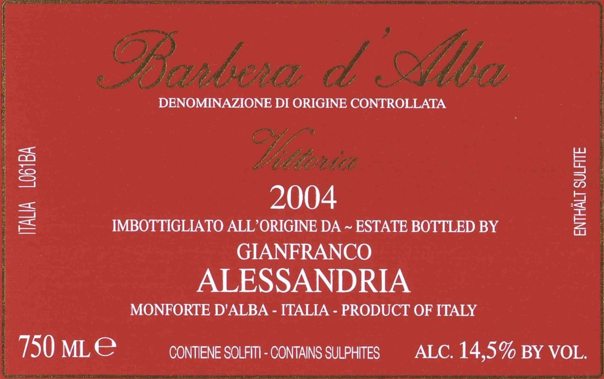 Gianfranco Alessandria Barbera d'Alba Vittoria 2004 Front Label
